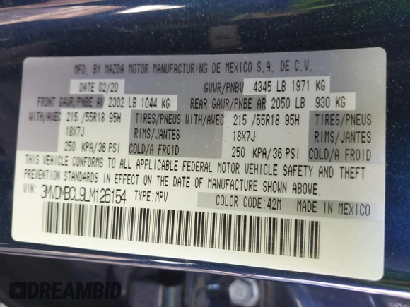 2020 Mazda CX-30 Select with VIN 3MVDMBCL9LM126154, listed as a IAAI auction lot 41492799 with 51,977 mi miles and . Bid and sale history available at DreamBid. Image 9.