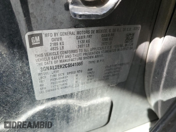 2012 Chevrolet Captiva Sport LS with VIN 3GNAL2EK2CS641866, listed as a Copart auction lot 75964144 with 140,149 mi miles and Salvage Title. Bid and sale history available at DreamBid. Image 13.