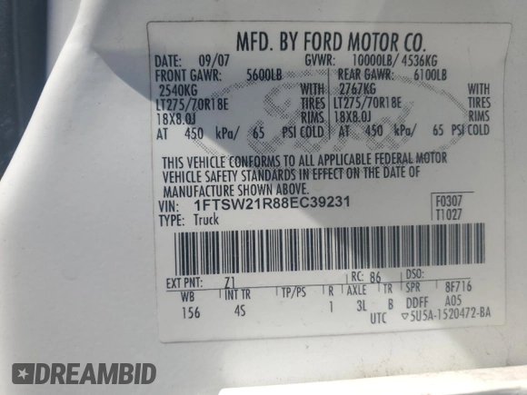 2008 Ford F-250 XL с VIN 1FTSW21R88EC39231, выставлен на аукционе Copart как лот 58502985 с пробегом 229 582 миль миль и Списание • Salvage title. История ставок и продаж доступна на DreamBid. Изображение 12.