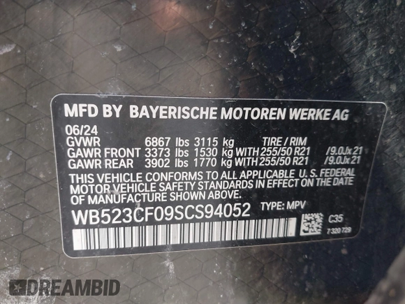 2025 BMW iX xDrive50 z VIN WB523CF09SCS94052, wystawiony jako IAAI lot #41822349 z przebiegiem 1233 mil mil oraz . Historia ofert i sprzedaży dostępna na DreamBid. Obrazek 9.