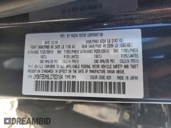 2020 Mazda CX-5 Grand Touring with VIN JM3KFBDM8L0763184, listed as a Copart auction lot 55575105 with 24,855 mi miles and Salvage Title. Bid and sale history available at DreamBid. Image 12.