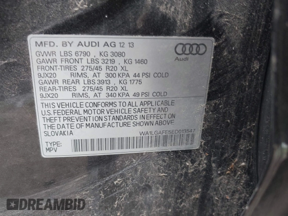 2014 Audi Q7 Premium Plus with VIN WA1LGAFE5ED013547, listed as a IAAI auction lot 42290048 with 179,269 mi miles and . Bid and sale history available at DreamBid. Image 9.