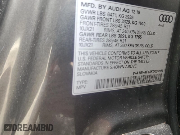 2019 Audi Q8 Premium Plus with VIN WA1BVAF10KD020691, listed as a Copart auction lot 55445995 with 144,154 mi miles and Non repairable. Bid and sale history available at DreamBid. Image 14.