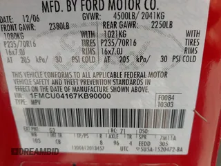 2007 Ford Escape Limited with VIN 1FMCU04167KB90000, listed as a IAAI auction lot 42217640 with 233,117 mi miles and . Bid and sale history available at DreamBid. Image 9.