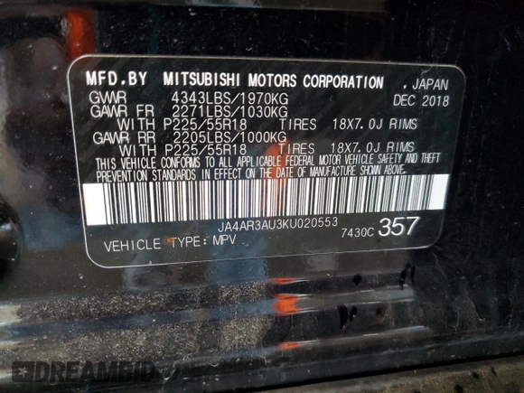 2019 Mitsubishi Outlander ES z VIN JA4AR3AU3KU020553, wystawiony jako Copart lot #54668155 z przebiegiem 42 005 mil mil oraz Szkoda całkowita • Salvage title. Historia ofert i sprzedaży dostępna na DreamBid. Obrazek 14.