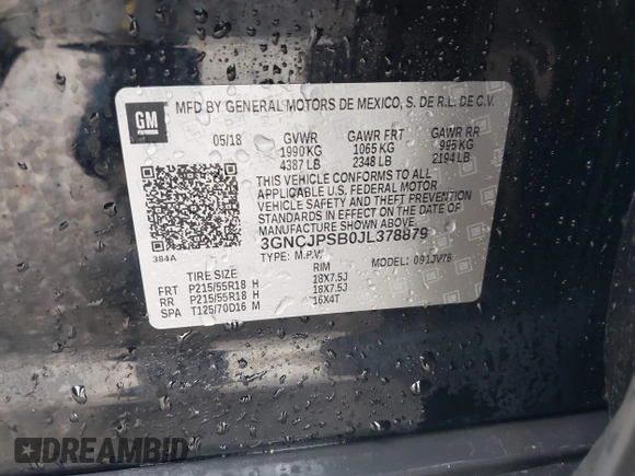 2018 Chevrolet Trax LT with VIN 3GNCJPSB0JL378879, listed as a IAAI auction lot 41887340 with 112,314 mi miles and . Bid and sale history available at carsss.com. Image 9.