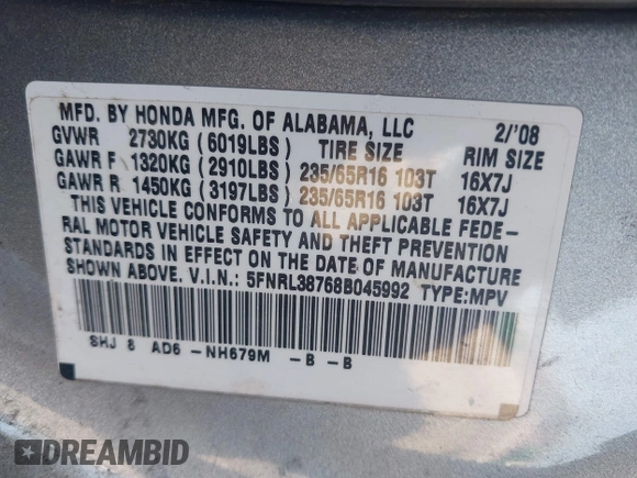 2008 Honda Odyssey EX-L with VIN 5FNRL38768B045992, listed as a IAAI auction lot 42217536 with 237,279 mi miles and . Bid and sale history available at DreamBid. Image 9.