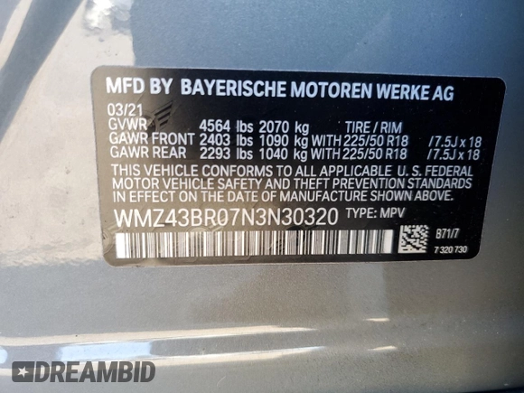 2022 MINI Countryman Cooper with VIN WMZ43BR07N3N30320, listed as a Copart auction lot 46315235 with Not provided miles and Salvage title. Bid and sale history available at DreamBid. Image 13.