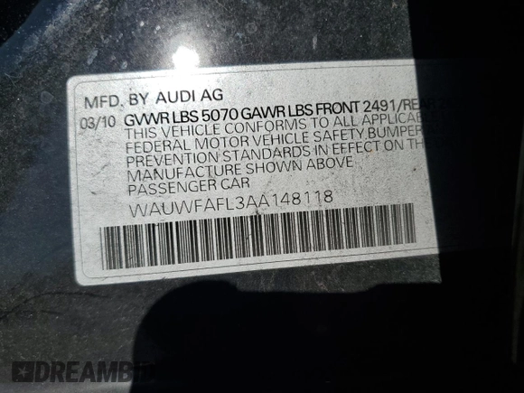 2010 Audi A4 2.0T Premium Plus with VIN WAUWFAFL3AA148118, listed as a Copart auction lot 88141705 with 111,615 mi miles and Salvage Title. Bid and sale history available at carsss.com. Image 13.