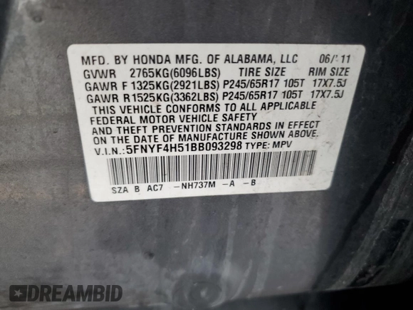 2011 Honda Pilot EX-L with VIN 5FNYF4H51BB093298, listed as a Copart auction lot 47587875 with 162,353 mi miles and Clean Title. Bid and sale history available at DreamBid. Image 13.