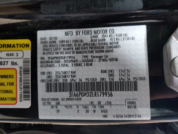2020 Ford Fusion SE with VIN 3FA6P0HD2LR179956, listed as a Copart auction lot 53615335 with 42,043 mi miles and Salvage Title. Bid and sale history available at carsss.com. Image 12.