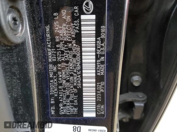 2021 Lexus ES with VIN 58ADA1C16MU006087, listed as a Copart auction lot 43432795 with 114,573 mi miles and Salvage Title. Bid and sale history available at carsss.com. Image 12.