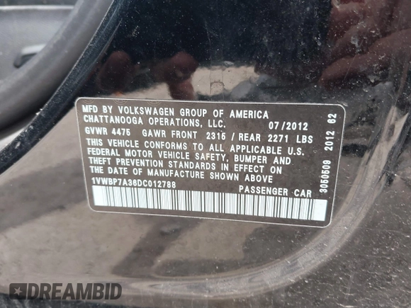 2013 Volkswagen Passat SE с VIN 1VWBP7A36DC012788, выставлен на аукционе IAAI как лот 42365537 с пробегом 140 367 миль миль и . История ставок и продаж доступна на DreamBid. Изображение 9.