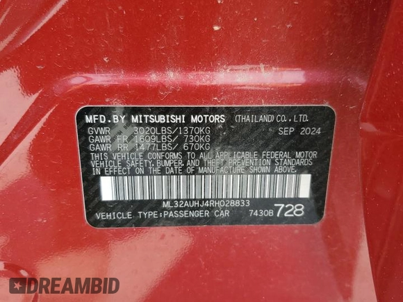 2024 Mitsubishi Mirage ES z VIN ML32AUHJ4RH028833, wystawiony jako Copart lot #59526975 z przebiegiem 7 928 mil mil oraz Czysty tytuł • Clean title. Historia ofert i sprzedaży dostępna na DreamBid. Obrazek 12.