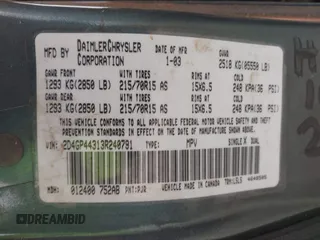 2003 Dodge Grand Caravan with VIN 2D4GP44313R240791, listed as a IAAI auction lot 41937009 with 231,913 mi miles and . Bid and sale history available at DreamBid. Image 9.