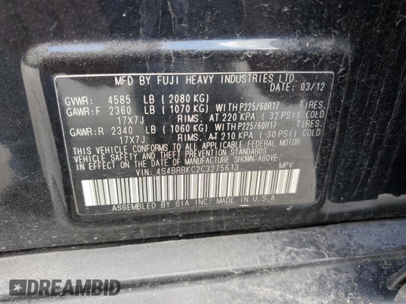 2012 Subaru Outback Limited z VIN 4S4BRBKC2C3275613, wystawiony jako Copart lot #56884865 z przebiegiem 125 348 mil mil oraz Czysty tytuł • Clean title. Historia ofert i sprzedaży dostępna na DreamBid. Obrazek 13.