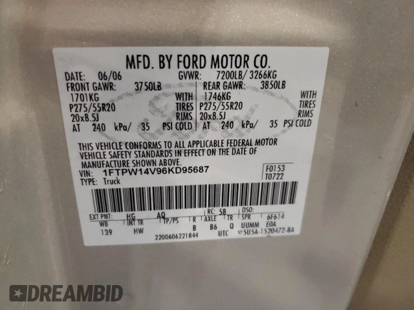 2006 Ford F-150 XLT z VIN 1FTPW14V96KD95687, wystawiony jako Copart lot #61587735 z przebiegiem 185 330 mil mil oraz Szkoda całkowita • Salvage title. Historia ofert i sprzedaży dostępna na DreamBid. Obrazek 12.