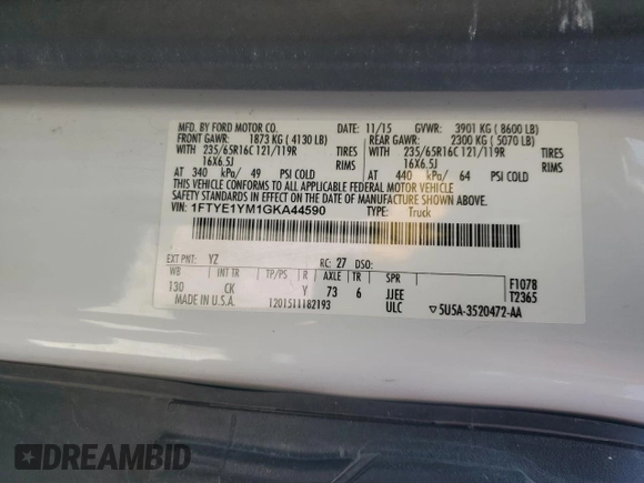 2016 Ford Transit Cargo z VIN 1FTYE1YM1GKA44590, wystawiony jako Copart lot #53102675 z przebiegiem 179 687 mil mil oraz Szkoda całkowita • Salvage title. Historia ofert i sprzedaży dostępna na DreamBid. Obrazek 13.