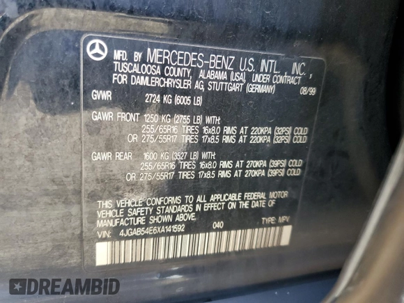 1999 Mercedes-Benz M-Class with VIN 4JGAB54E6XA141592, listed as a Copart auction lot 79514124 with 0 mi miles and Salvage Title. Bid and sale history available at carsss.com. Image 14.