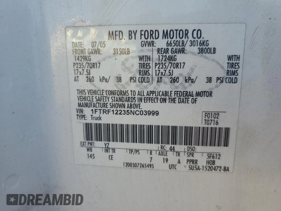 2005 Ford F-150 XL with VIN 1FTRF12235NC03999, listed as a Copart auction lot 50401075 with 73,074 mi miles and Clean Title. Bid and sale history available at carsss.com. Image 12.