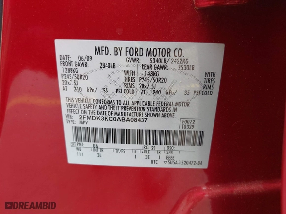 2010 Ford Edge Limited with VIN 2FMDK3KC0ABA08437, listed as a IAAI auction lot 42026857 with 119,351 mi miles. Bid and sale history available at carsss.com. Image 9.