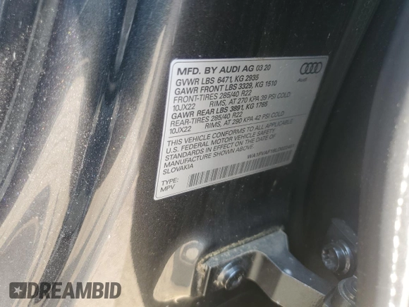 2020 Audi Q8 Prestige with VIN WA1FVAF18LD022451, listed as a Copart auction lot 64125825 with 33,237 mi miles and Clean title. Bid and sale history available at DreamBid. Image 12.