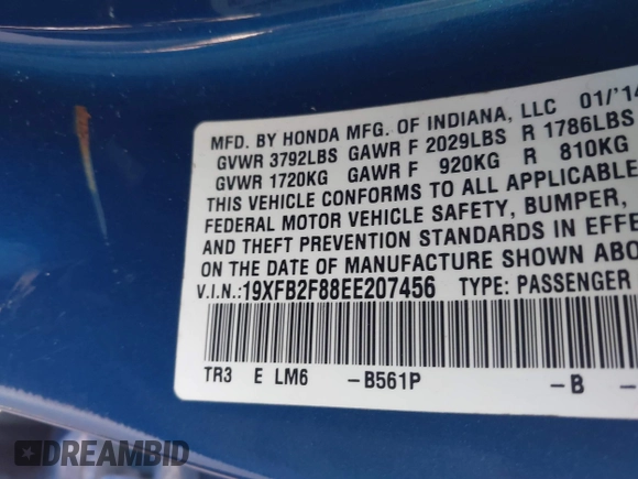 2014 Honda Civic Sedan EX with VIN 19XFB2F88EE207456, listed as a IAAI auction lot 41755472 with 120,337 mi miles. Bid and sale history available at carsss.com. Image 9.
