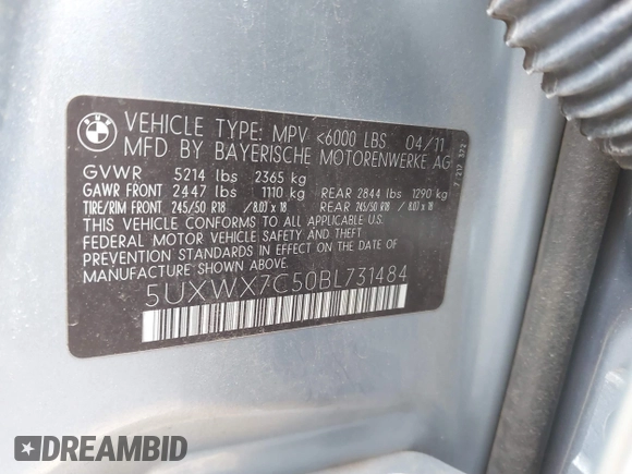 2011 BMW X3 35i with VIN 5UXWX7C50BL731484, listed as a IAAI auction lot 41711403 with 144,211 mi miles and . Bid and sale history available at DreamBid. Image 9.