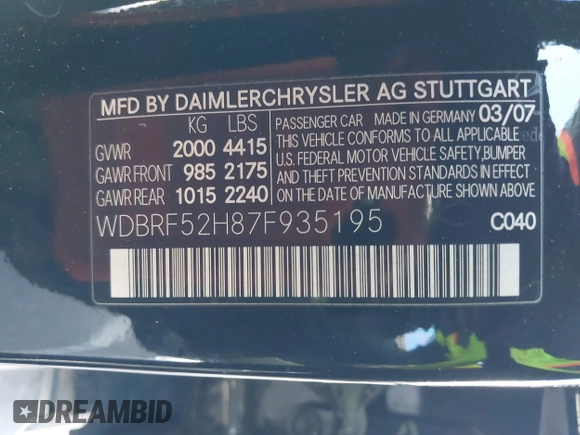 2007 Mercedes-Benz C 230 Sport с VIN WDBRF52H87F935195, выставлен на аукционе IAAI как лот 42572285 с пробегом 155 062 миль миль и . История ставок и продаж доступна на DreamBid. Изображение 9.