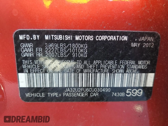 2012 Mitsubishi Lancer ES with VIN JA32U2FU6CU030490, listed as a Copart auction lot 81309004 with 65,031 mi miles and Salvage Title. Bid and sale history available at DreamBid. Image 12.
