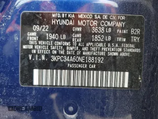 2022 Hyundai Accent Limited with VIN 3KPC34A60NE188192, listed as a Copart auction lot 44692355 with 51,752 mi miles and Salvage Title. Bid and sale history available at carsss.com. Image 12.
