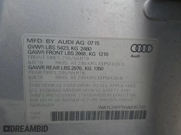 2016 Audi Q5 Premium Plus with VIN WA1L2AFP9GA035782, listed as a Copart auction lot 45605595 with 104,729 mi miles and Clean Title. Bid and sale history available at carsss.com. Image 13.