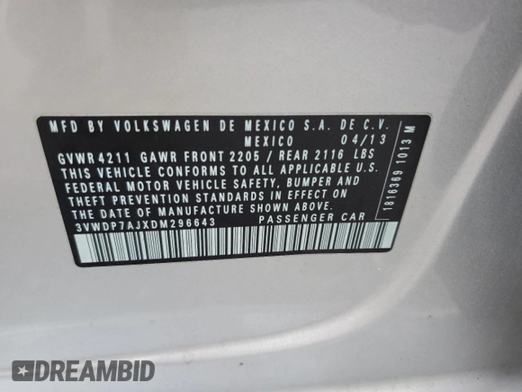 2013 Volkswagen Jetta SE z VIN 3VWDP7AJXDM296643, wystawiony jako Copart lot #60992095 z przebiegiem 159 637 mil mil oraz Szkoda całkowita • Salvage title. Historia ofert i sprzedaży dostępna na DreamBid. Obrazek 12.
