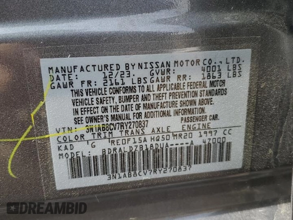 2024 Nissan Sentra SV with VIN 3N1AB8CV7RY270837, listed as a Copart auction lot 51293725 with 18,937 mi miles and Salvage Title. Bid and sale history available at DreamBid. Image 12.