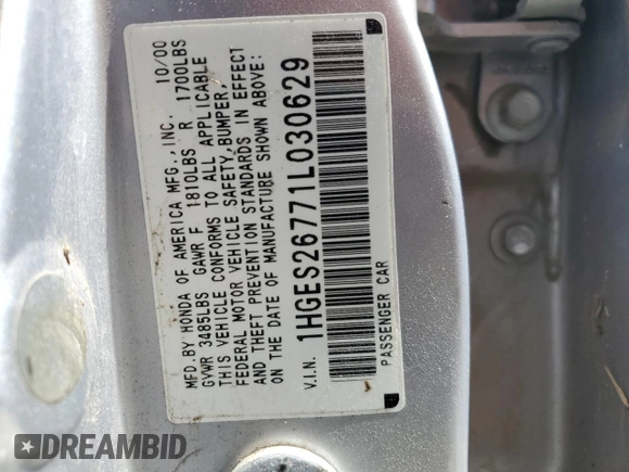 2001 Honda Civic EX with VIN 1HGES26771L030629, listed as a Copart auction lot 48322835 with Not Provided miles and Salvage Title. Bid and sale history available at DreamBid. Image 13.