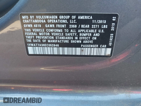 2014 Volkswagen Passat Wolfsburg Edition with VIN 1VWAT7A36EC052846, listed as a IAAI auction lot 42467068 with 186,162 mi miles and . Bid and sale history available at DreamBid. Image 9.
