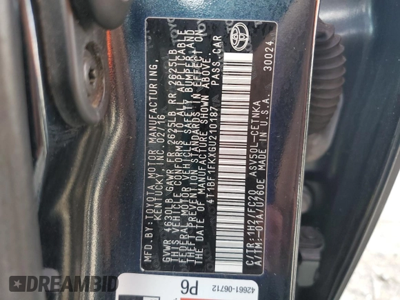 2016 Toyota Camry XLE with VIN 4T1BF1FKXGU210187, listed as a Copart auction lot 53919845 with 70,787 mi miles and Salvage Title. Bid and sale history available at DreamBid. Image 12.