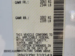 2019 Nissan LEAF SV with VIN 1N4AZ1CP9KC310549, listed as a Copart auction lot 62319525 with 58,778 mi miles and Salvage title. Bid and sale history available at DreamBid. Image 13.