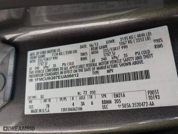 2014 Ford Escape SE with VIN 1FMCU9G97EUA06612, listed as a IAAI auction lot 41956359 with 161,126 mi miles. Bid and sale history available at carsss.com. Image 9.