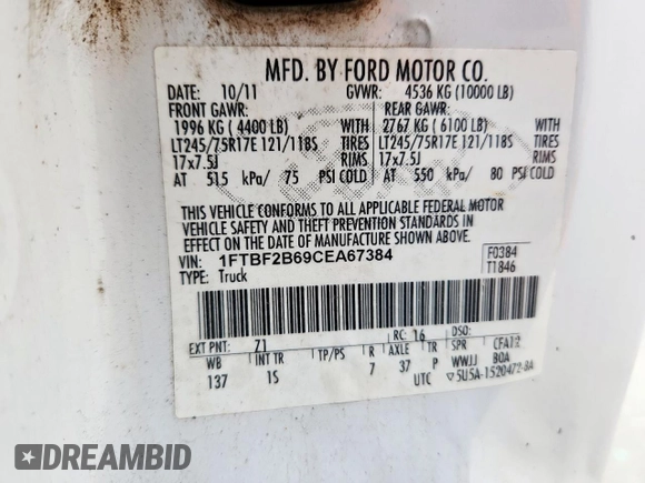 2012 Ford F-250 XL with VIN 1FTBF2B69CEA67384, listed as a Copart auction lot 57067335 with 230,583 mi miles and Clean title. Bid and sale history available at DreamBid. Image 12.