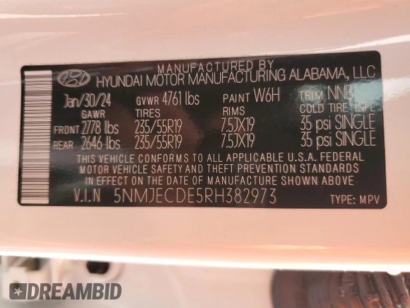 2024 Hyundai Tucson Limited with VIN 5NMJECDE5RH382973, listed as a Copart auction lot 61405635 with 35,692 mi miles and Clean title. Bid and sale history available at DreamBid. Image 14.
