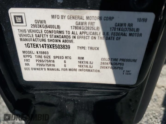 1999 GMC New Sierra 1500 SLE with VIN 1GTEK14T9XE503839, listed as a Copart auction lot 54868515 with 217,129 mi miles and Salvage Title. Bid and sale history available at carsss.com. Image 13.