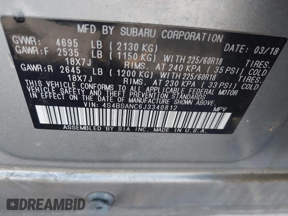 2018 Subaru Outback Limited with VIN 4S4BSANC6J3340812, listed as a IAAI auction lot 42496199 with 73,698 mi miles and . Bid and sale history available at DreamBid. Image 9.