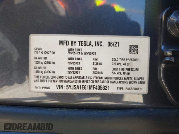 2021 Tesla Model S Plaid с VIN 5YJSA1E61MF435321, выставлен на аукционе IAAI как лот 41832006 с пробегом 23 361 миль миль и . История ставок и продаж доступна на DreamBid. Изображение 9.