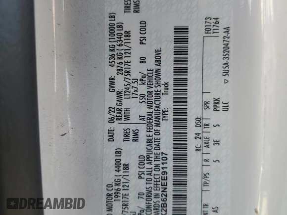 2022 Ford F-250 XL with VIN 1FT7X2B62NEE91107, listed as a Copart auction lot 89368045 with Not Provided miles and Non Repairable. Bid and sale history available at DreamBid. Image 13.