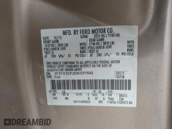 2013 Ford F-150 XL with VIN 1FTFX1CF2DKG17552, listed as a IAAI auction lot 41453163 with 219,859 mi miles and . Bid and sale history available at DreamBid. Image 9.