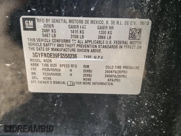 2015 Cadillac SRX Premium Collection with VIN 3GYFNDE39FS558236, listed as a Copart auction lot 49057835 with 199,992 mi miles and Salvage Title. Bid and sale history available at DreamBid. Image 13.