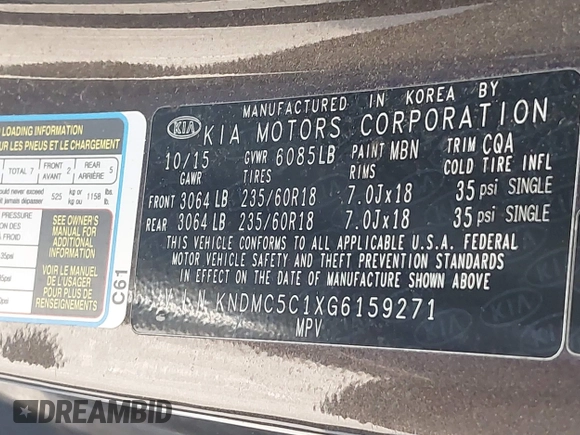 2016 Kia Sedona EX with VIN KNDMC5C1XG6159271, listed as a IAAI auction lot 41409277 with 95,696 mi miles. Bid and sale history available at carsss.com. Image 9.
