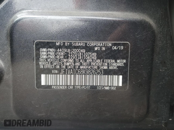2019 Subaru WRX Premium with VIN JF1VA1C68K9826253, listed as a Copart auction lot 87695765 with 63,946 mi miles and Salvage Title. Bid and sale history available at carsss.com. Image 12.