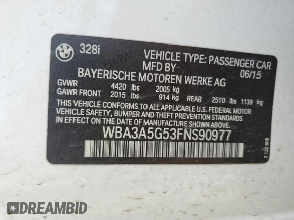 2015 BMW 3 Series 328i z VIN WBA3A5G53FNS90977, wystawiony jako Copart lot #60693435 z przebiegiem 154 136 mil mil oraz Szkoda całkowita • Salvage title. Historia ofert i sprzedaży dostępna na DreamBid. Obrazek 12.